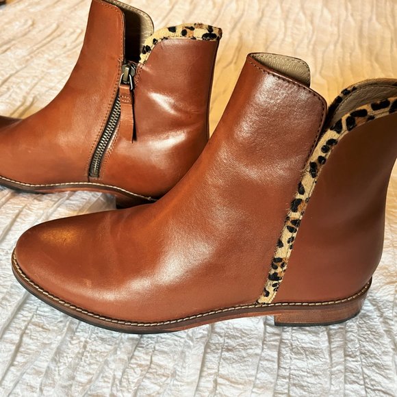 Joules Tan Leather Ankle Boots with leopard trim - Picture 5 of 11
